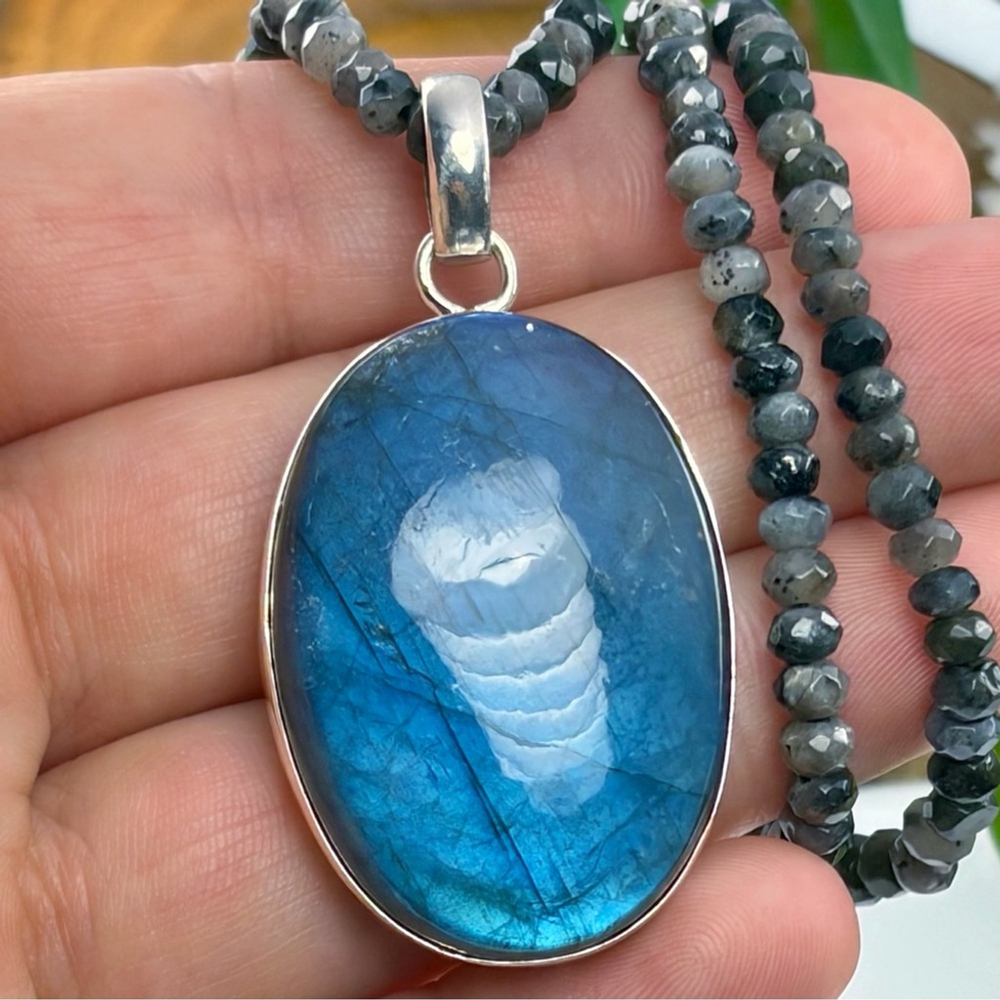 Blue Labradorite Pendant Moonstone Necklace Pure Sterling Silver 925 Boho New - Picture 5 of 9
